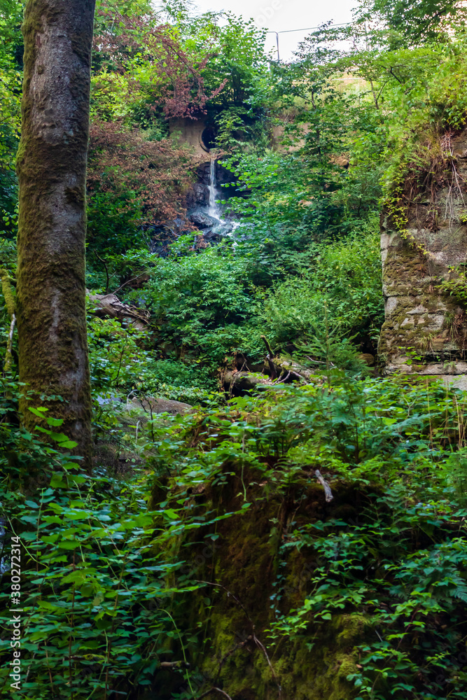 Small waterfall on a hillside in a Luxembourg forest. 