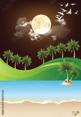 Picturesque tropical paradise landscape with ocean and grass hills set against a full moon night sky