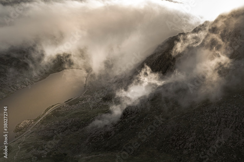 Snowdonia National Park cloudy view of Llyn Ogwen in the Ogwen Valley