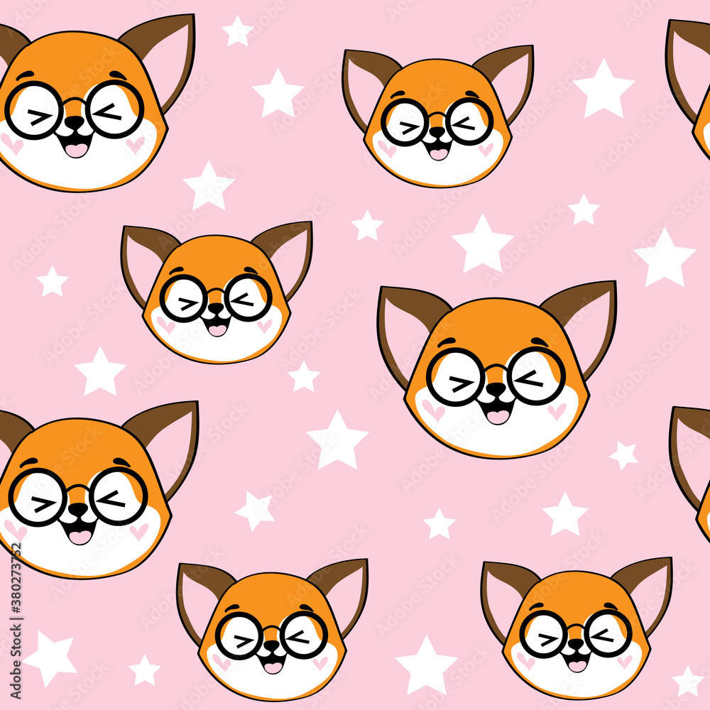 Funny face of foxe in kawaii style on a pink background seamless pattern