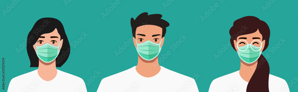 Young Man and Woman Wearing Face Mask to Prevent Coronavirus COVID-19 Airborne, Flu, Smoke, Pollution, Contaminated air, & Other Potential Disease. Vector Illustration in Flat Design Cartoon Style.