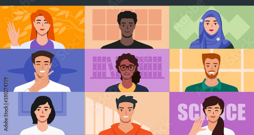 Multicultural People Video Conference for Online Virtual Meetings, Work from Home WFH Concept. Teleconference TV Webinars or Remote Team Working. Vector Illustration in Flat Design Cartoon Style.