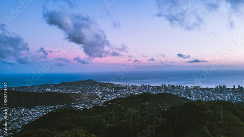 Drone aerial Tantalus at sunset, Oahu, Hawaii