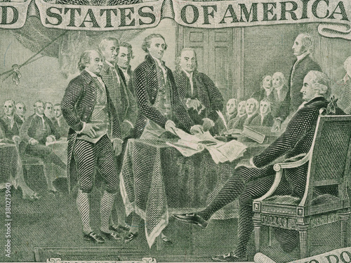 Signing  declaration of independence from us two dollar bill macro, united states money closeup
