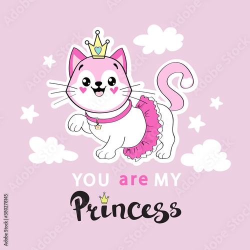 Beautiful white cat girl in a pink ballerina skirt and the inscription you are my princess on a pink background
