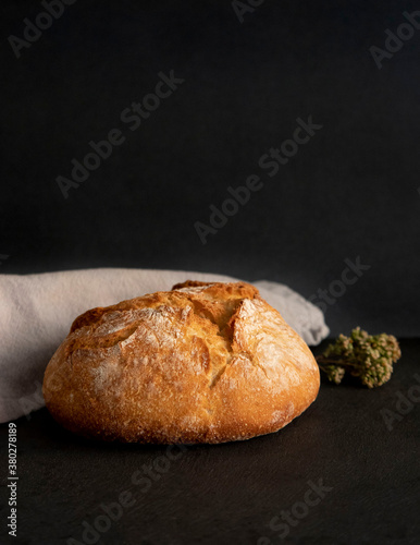 Loaf of sourdough bread with golden crust, just baked. Dark background front view