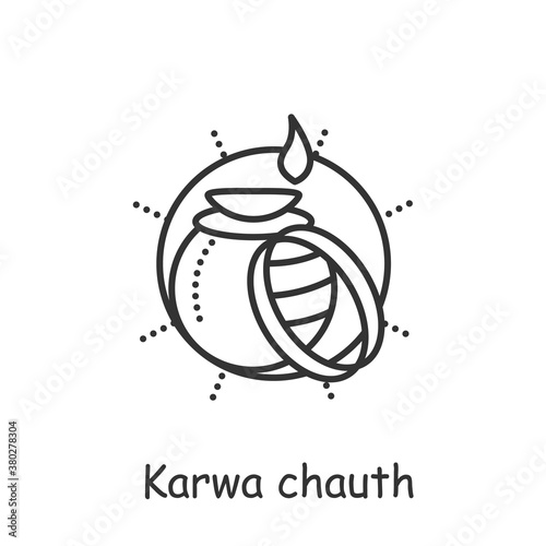 Karwa chauth line icon. Traditional Hindu holiday of married women. Food and jewelry in a clay pot. Sacrifice to the moon. Indian traditions and customs. Isolated vector illustration. Editable stroke 