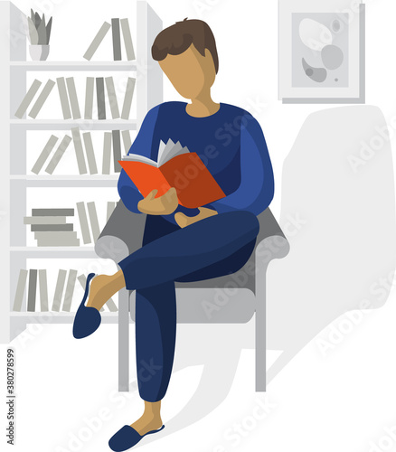 Vector illustration in flat style guy, man reads a book while sitting at home in a chair in a room next to a bookshelf. The figure in the interior.