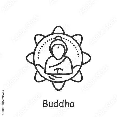 Buddha line icon. Hindu deity. Buddhism symbol. Happy Buddha Purnima. Meditating buddha. Vesak day. Indian culture, traditions and customs. Isolated vector illustration. Editable stroke 