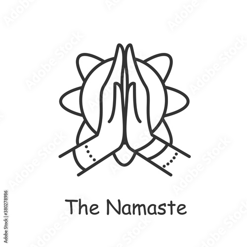 Namaste line icon. Indian womens hand respectful greering. Namaskar. Mudra. Safe, non-contact greeting. Indian culture, traditions and customs. Isolateed vector illustration. Editable stroke
