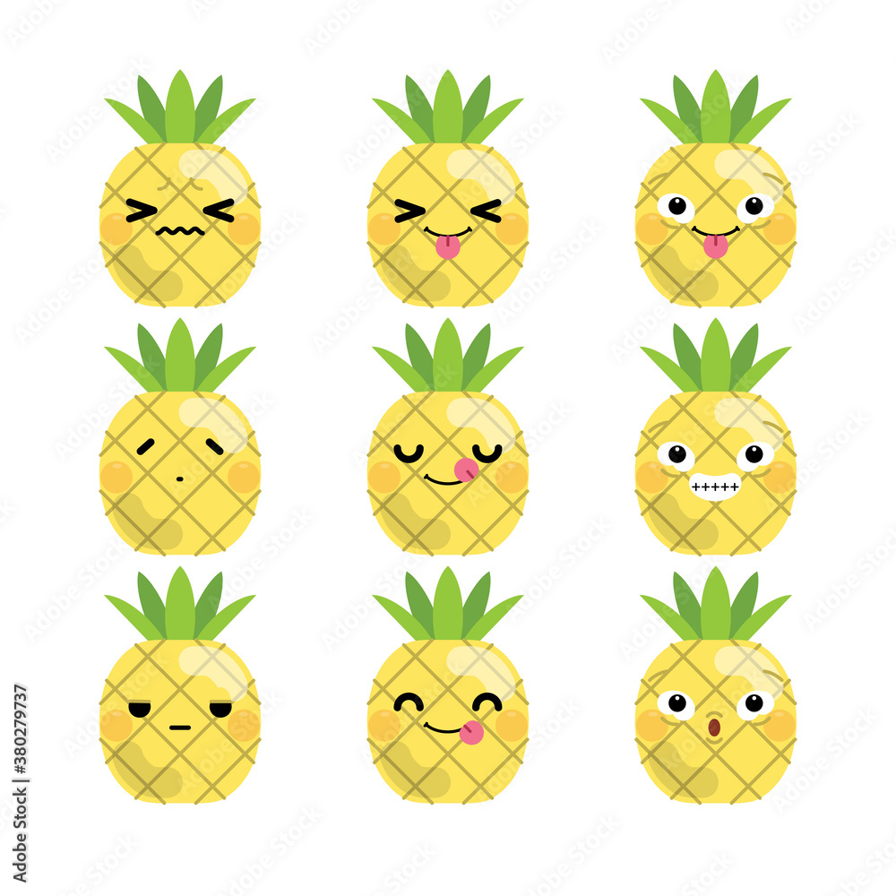 Set of cute cartoon pineapple emoji set isolated on white background. Vector Illustration.