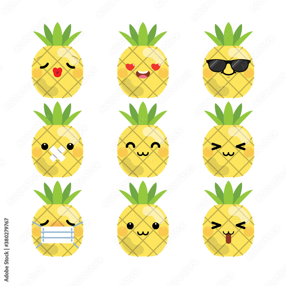 Set of cute cartoon pineapple emoji set isolated on white background. Vector Illustration.