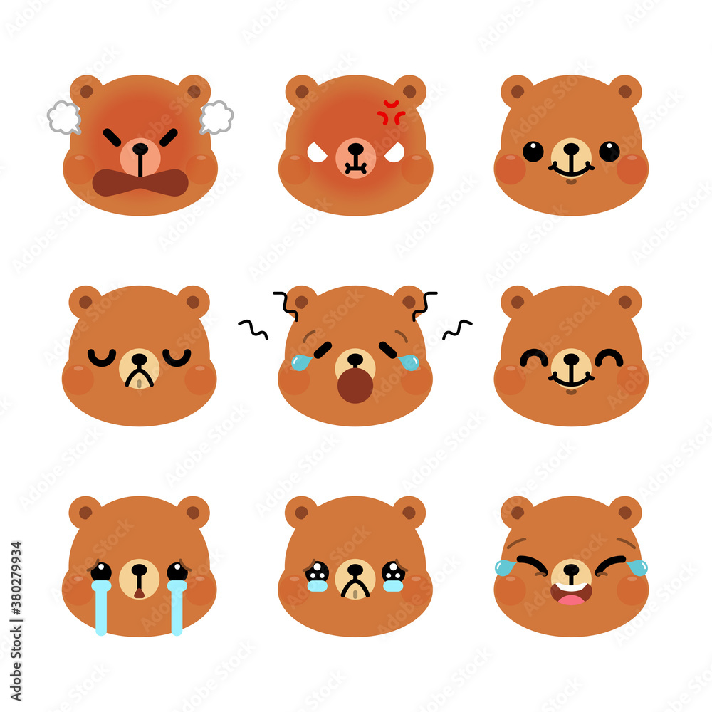 Set of cute cartoon bear emoji set isolated on white background. Vector Illustration.
