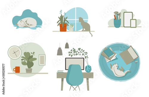 Working at home, concept illustration. . People at home in quarantine. Interior decoration atmosphere
