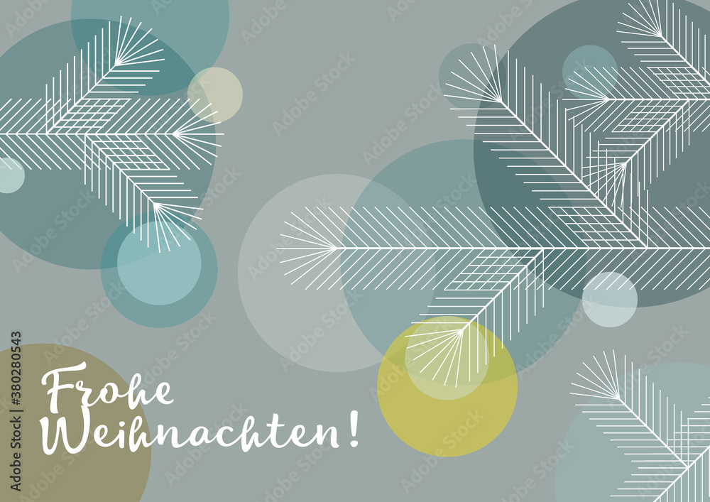 Grafische Weihnachtskarte, Tannenzweige mit Kugeln,  Design, geometrische Formen, deutsch und englisch	
