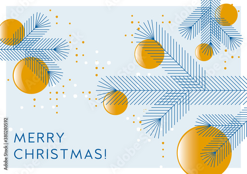 Grafische Weihnachtskarte, Tannenzweige mit Kugeln,  Design, geometrische Formen, deutsch und englisch	