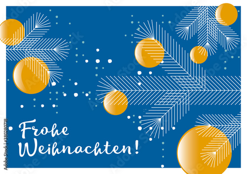 Grafische Weihnachtskarte, Tannenzweige mit Kugeln,  Design, geometrische Formen, deutsch und englisch	