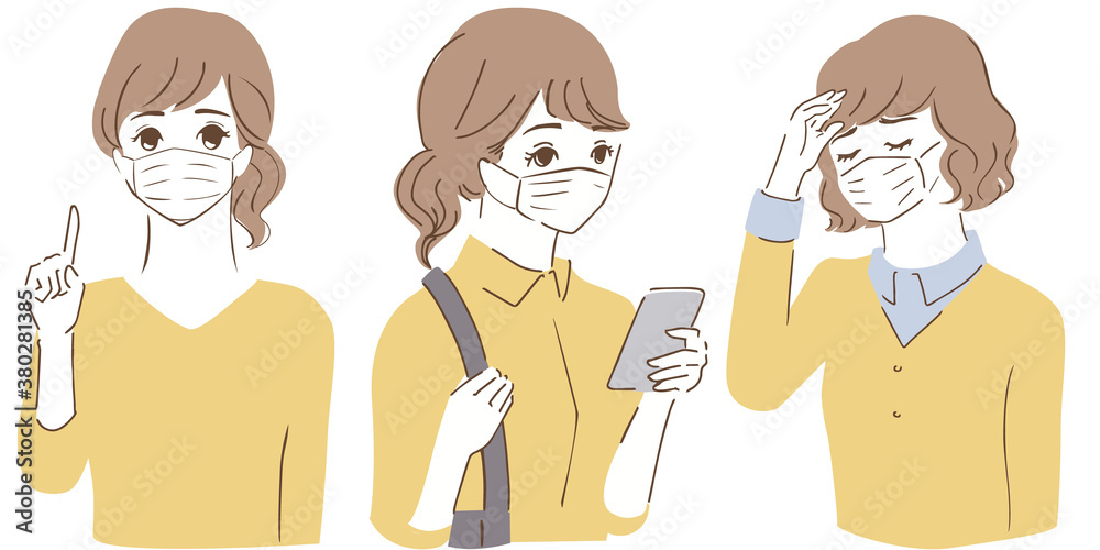 マスクをした女性のイラストセットIllustration set of a woman wearing a mask マスクをした女性のイラストセットIllustration set of a woman wearing a mask