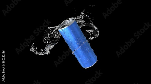 A metal jar turns in a stream of clear water. 3D rendering.