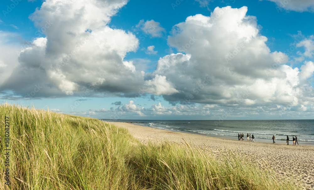 Beach sand panorama with group of people walking at coastline. Blue sky and dramatic clouds at waterfront in soft evening sunset light. Hvidbjerg Strand, Blavand, North Sea, Denmark.