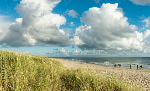 Beach sand panorama with group of people walking at coastline. Blue sky and dramatic clouds at waterfront in soft evening sunset light. Hvidbjerg Strand  Blavand  North Sea  Denmark.