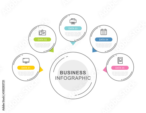 5 circle data timeline infographics template with thin line design. Vector illustration abstract background. Can be used for workflow layout, business step, banner, web design.