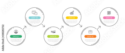 6 circle data timeline infographics template with thin line design. Vector illustration abstract background. Can be used for workflow layout, business step, banner, web design.