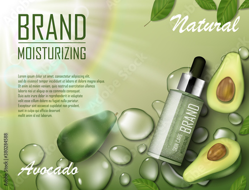 Avocado beauty cosmetics oil ad. Organic essence bottle mockup laying on watery green background. Natural avocado skin care cosmetic. Realistic 3d vector