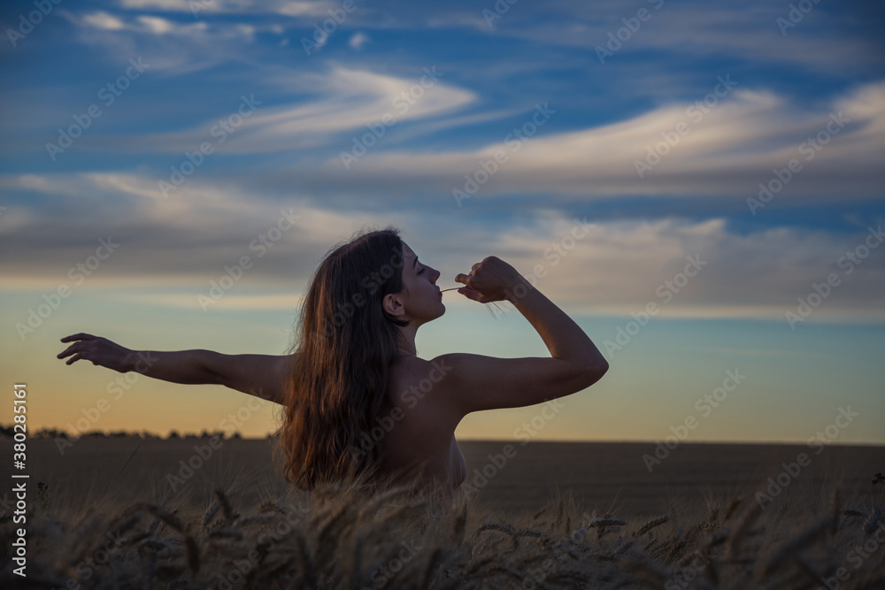 Obraz premium Topless girl on sunset photosession
