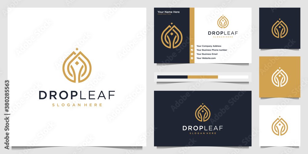Luxury droplet with leaf logo design and business card. Luxury droplet with leaf logo design and business card.