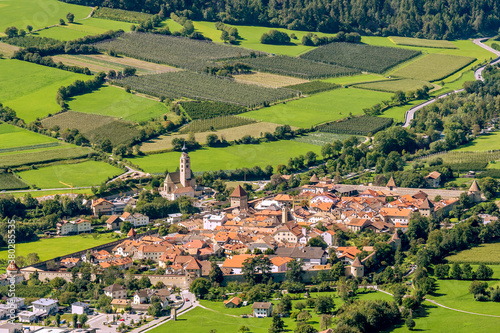 Superb aerial panoramic view of the fortified town of Glurns Glorenza and the apple fields around it  Val Venosta  South Tyrol  Italy