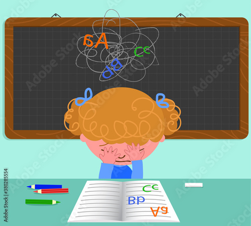 Sad crying dyslexic girl at school vector illustration photo