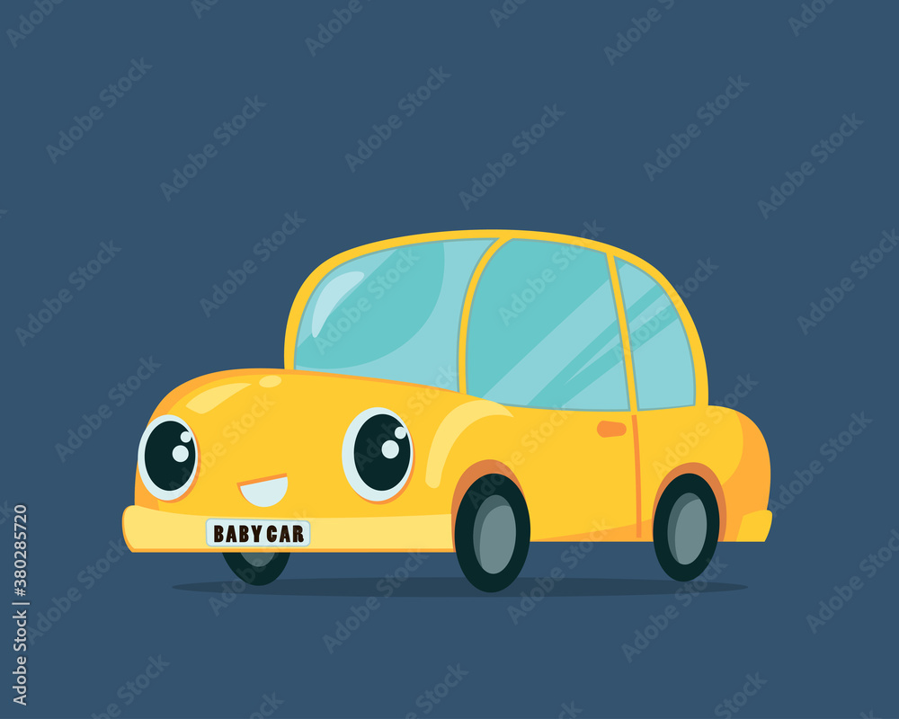 Obraz premium Cartoon children's baby childish style toy passenger car vehicle. Comic vector illustration of a character for a book. Flat design.