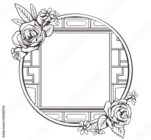 Black and white Chinese window frames with flower decoration. Round shape frame. Motifs tattoo style. Vector illustration. Use for decoration, sticker, logo, pattern and more.