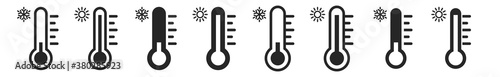 Thermometer flat icons with scale, snowflake and signs for air conditioners and freezing equipment. Isolated vector elements.