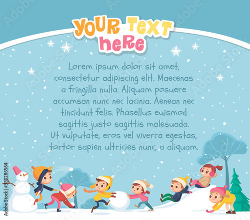Children building snowman together and having snowball fight in forest during snowfall. Kids jumping, running and throwing a snowball. Kids making a snowballs.