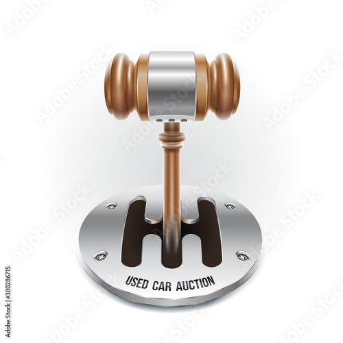 Used car auction symbol in the form of a manual gearbox with a handle from an auction hammer. (ID: 380286715)