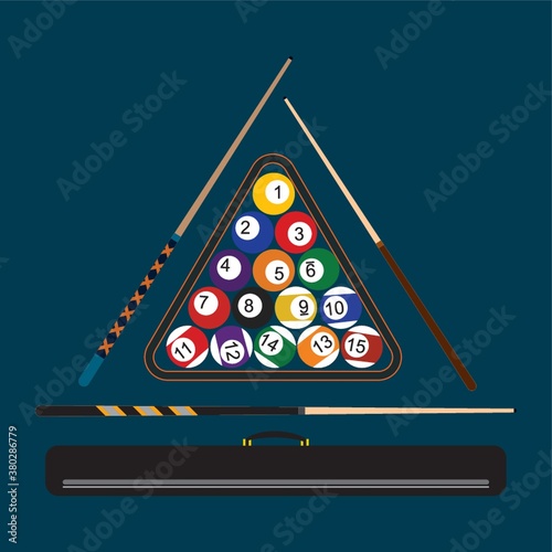 cue sticks with billiard balls in a rack