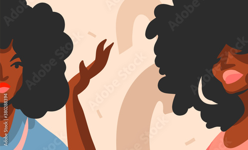 Hand drawn vector abstract flat stock graphic illustration with young black afro american beauty women and copy space place isolated on color collage shape background.