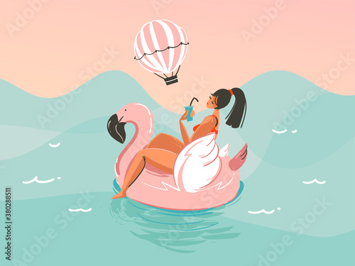 Hand drawn vector stock abstract graphic illustration with a girl in a swimsuit swimming with a pink flamingo rubber ring isolated on ocean wave background