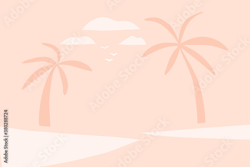 Hand drawn vector abstract stock flat graphic illustration with sundown view scene on the beach and palm trees isolated on pink pastel background