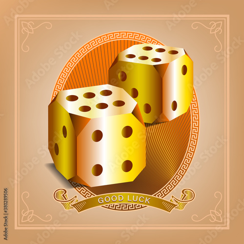 3d poster gold dice, ribbon with inscription good luck. Oval pattern. EPS10