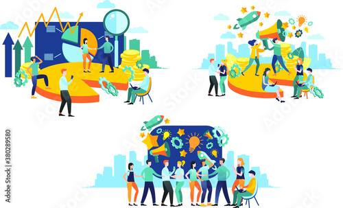 Vector graphics. Flat style design. The composition of the scene for business. Illustrations for business. Image of a graph and charts. Teamwork, interaction, communication of the team. 