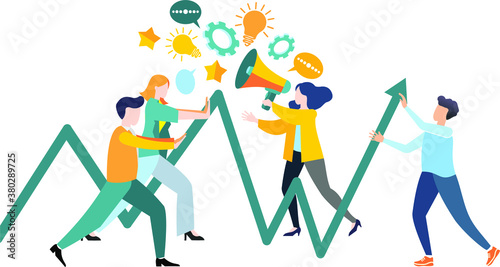Vector graphics. Flat style design. The composition of the scene for business. Illustrations for business. Image of a graph and charts. Teamwork, interaction, communication of the team. 