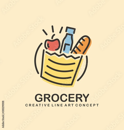 Vector logo idea for grocery store. Symbol design with fruits, bread and milk bottle in a shopping bag. Icon template.