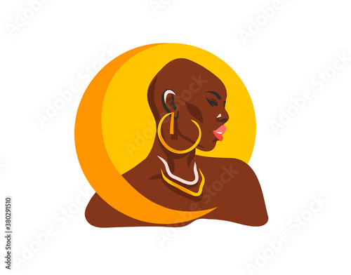 Hand drawn vector abstract stock flat graphic illustration with ethnic tribal black african american woman and golden full moon,isolated on white background