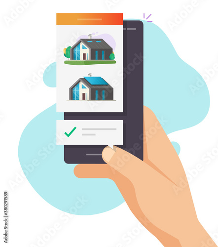 House home buy or rental web app with online choosing check mark notice on mobile phone person hand vector flat cartoon, rent or sell apartment or real estate agency application on smartphone
