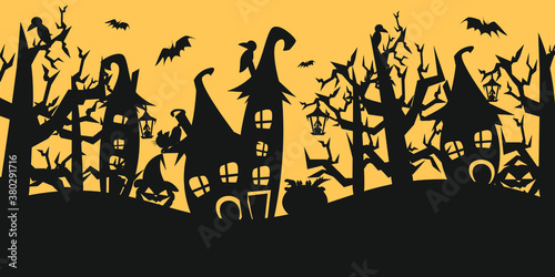 Illustration of a halloween background. Vector with black houses, trees, pumpkins and crows for Halloween party.