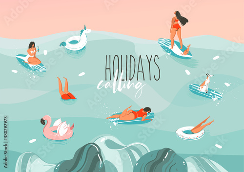 Hand drawn vector stock abstract graphic illustration with a funny sunbathing family people group in ocean waves landscape,swimming and surfing isolated on colour background © anastasy_helter
