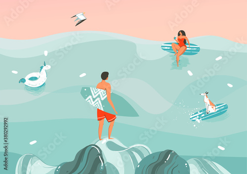 Hand drawn vector stock abstract graphic illustration with a funny sunbathing family people group in ocean waves landscape,swimming and surfing isolated on colour background